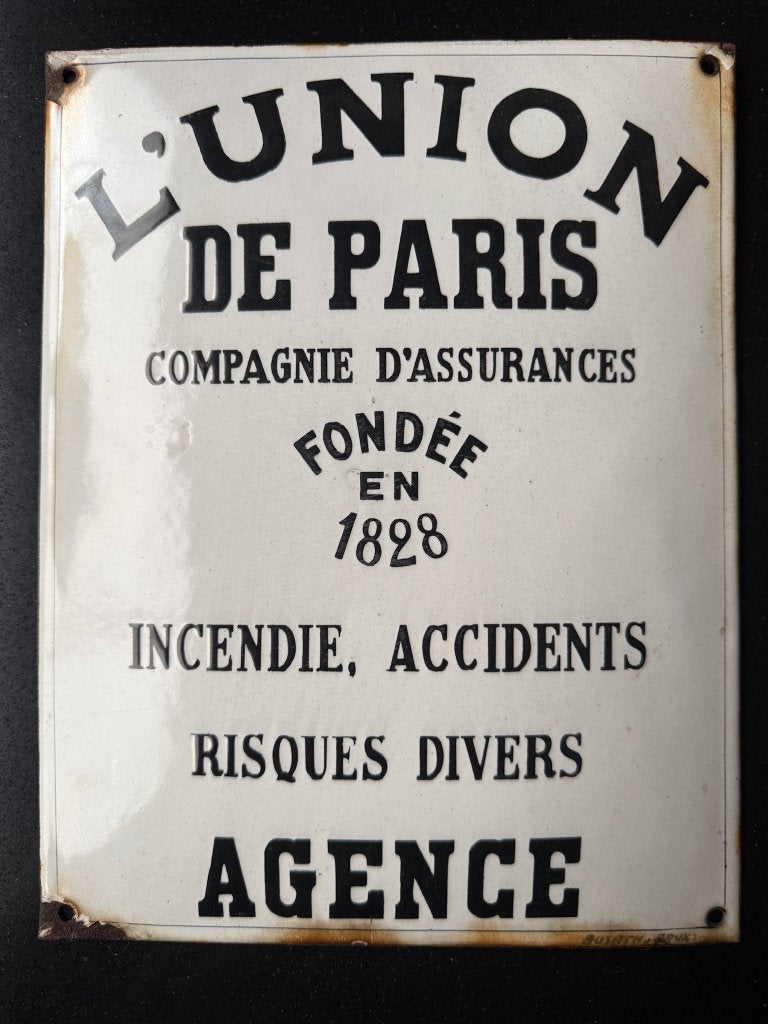 Antiek emaille bord L'Union de Paris (verzekering) - 27x21, Verzamelen, Ophalen of Verzenden, Gebruikt, Reclamebord