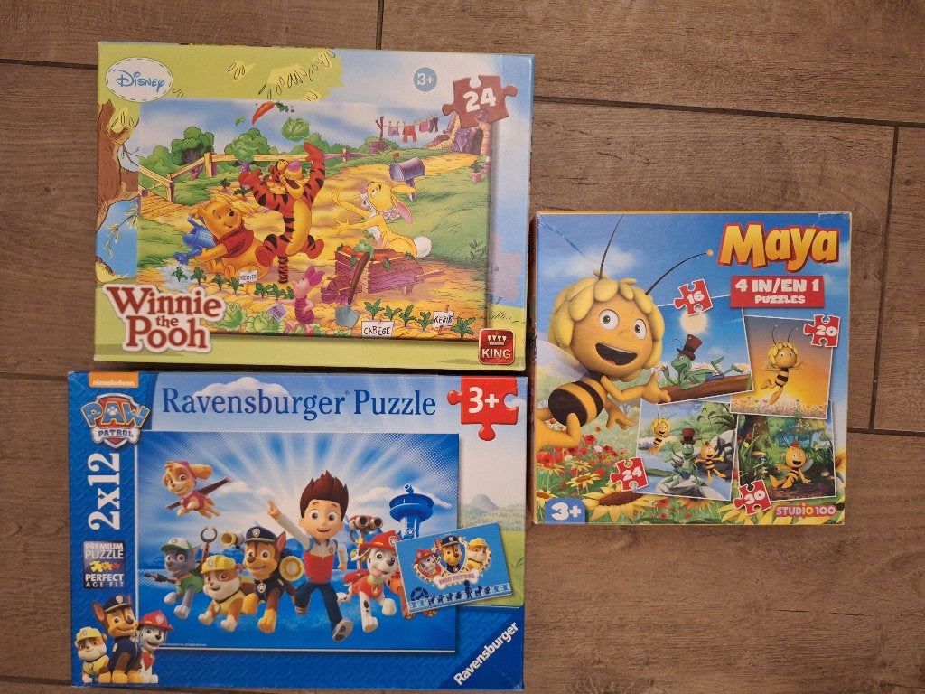 5 Puzzels: Maya, PawPatrol,Sam de brandweer, ...+3jaar, Enlèvement, 10 à 50 pièces, Utilisé, 2 à 4 ans