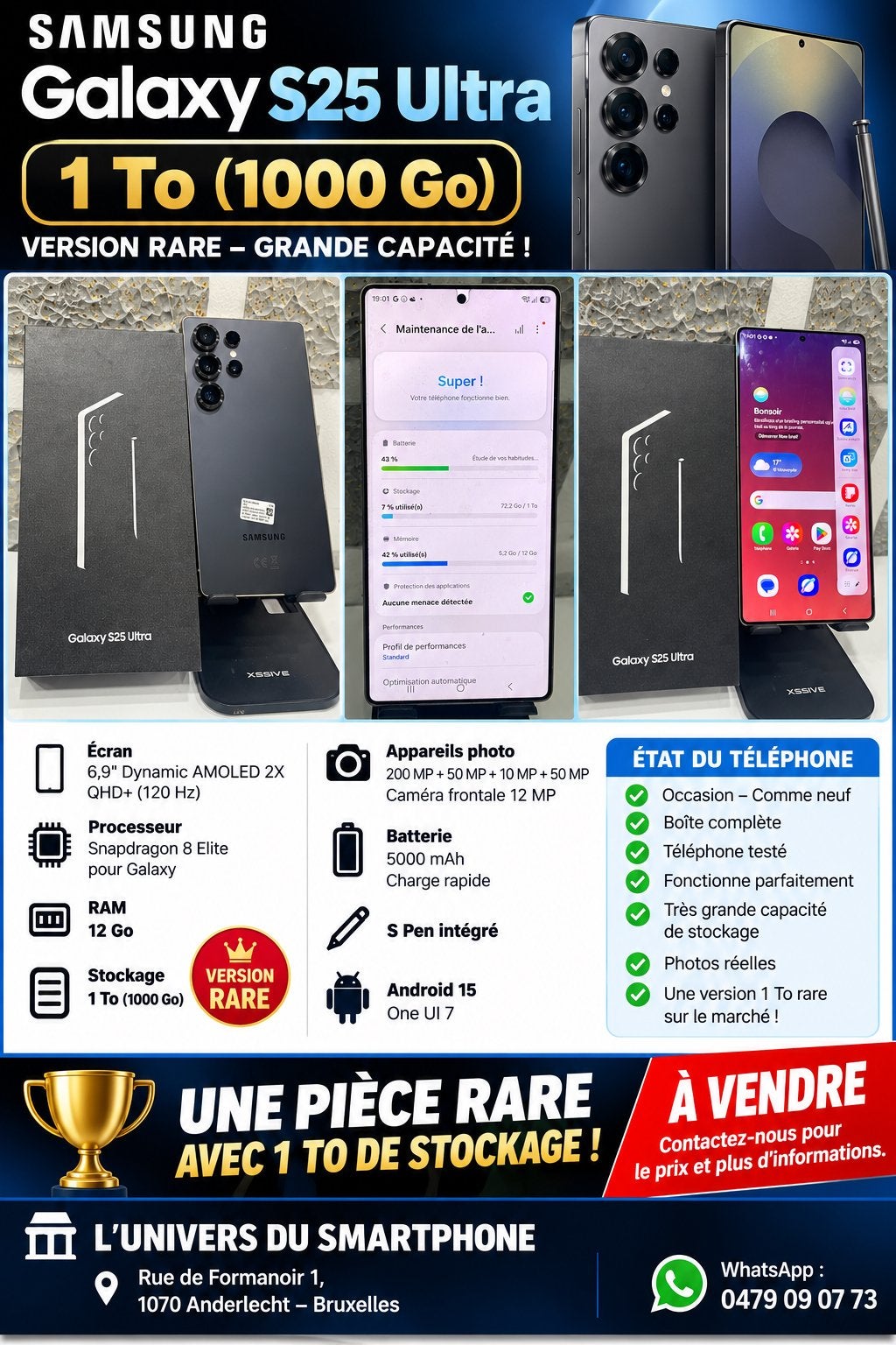 SAMSUNG GALAXY S25 ULTRA – 1 TO (1000 GO), Télécoms, Enlèvement, Comme neuf