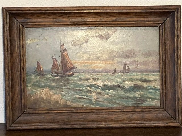 Schilderijtje olieverf op hout, vissersboten, Antiek en Kunst, Ophalen, Olieverf, Maritiem / water