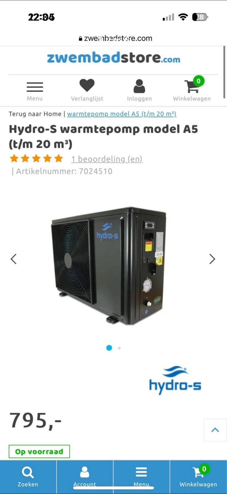 Hydro-S warmtepomp model A5 (t/m 20 m'), Ophalen, Zo goed als nieuw, Verwarming