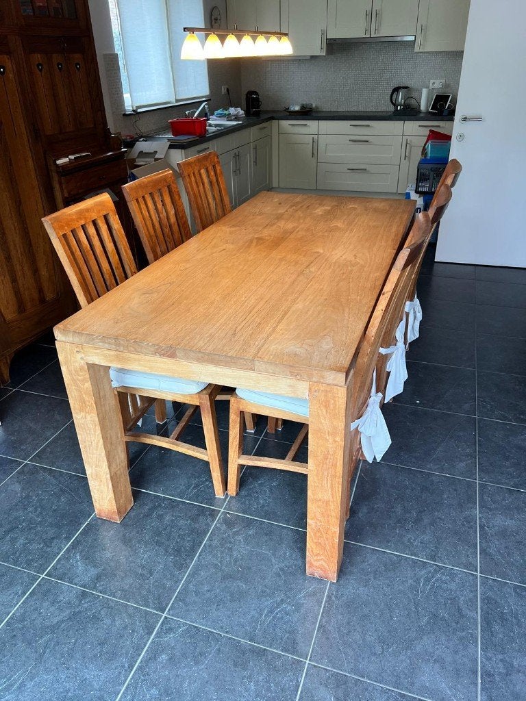 Teakhouten eetkamerset, Huis en Inrichting, Ophalen, Gebruikt, Rustiek, landelijk, natuurlijk hout, 4 tot 6 stoelen