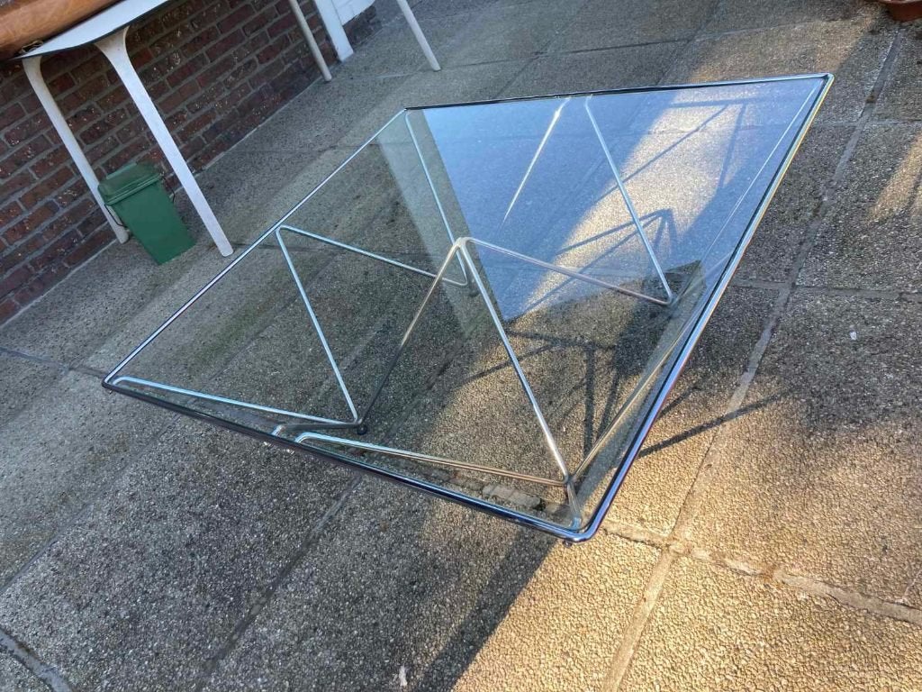 Design salontafel glas chroom 1 x 1 x 35, Ophalen, 50 – 75, 50 tot 100 cm, Mid century Space Age