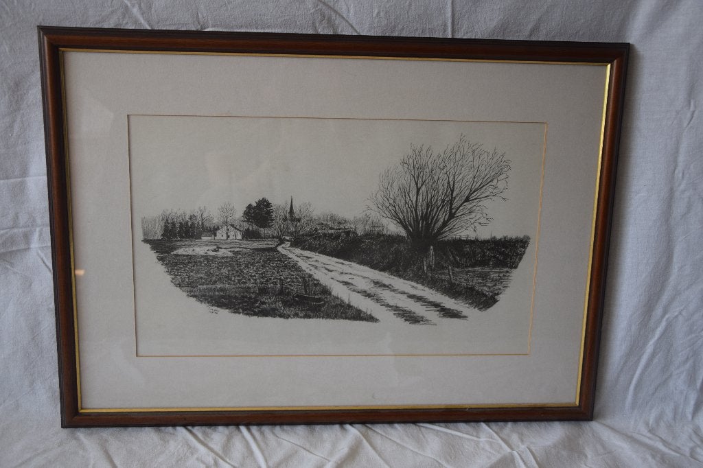 ingelijst kunstwerk van landelijke weg, Antiek en Kunst, Kunst | Schilderijen | Klassiek, Ophalen of Verzenden, Achter glas, Landschap