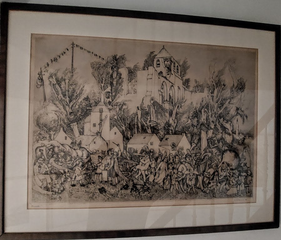Rene De Coninck - zeer grote ets "Muziek" - kader, Antiek en Kunst, Kunst | Etsen en Gravures, 105 cm, Dagelijks leven, Ets, Ophalen of Verzenden