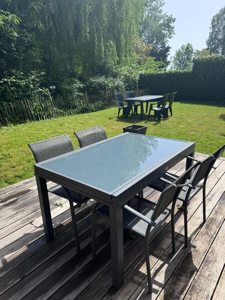 Uitschuifbare tuintafel + 4 stoelen, Ophalen, Gebruikt, Rechthoekig, Aluminium