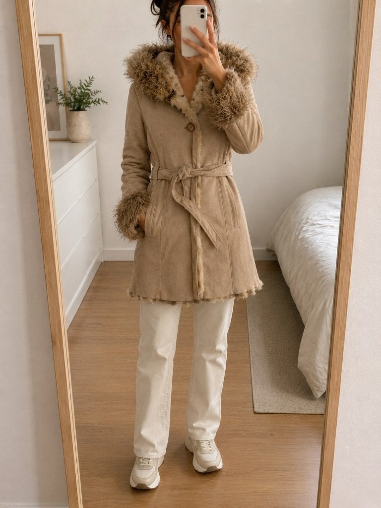 Warme leren damesjas met bontvoering en kap – maat S, Kleding | Dames, Jassen | Winter, Ophalen, Gedragen, Maat 36 (S), Beige
