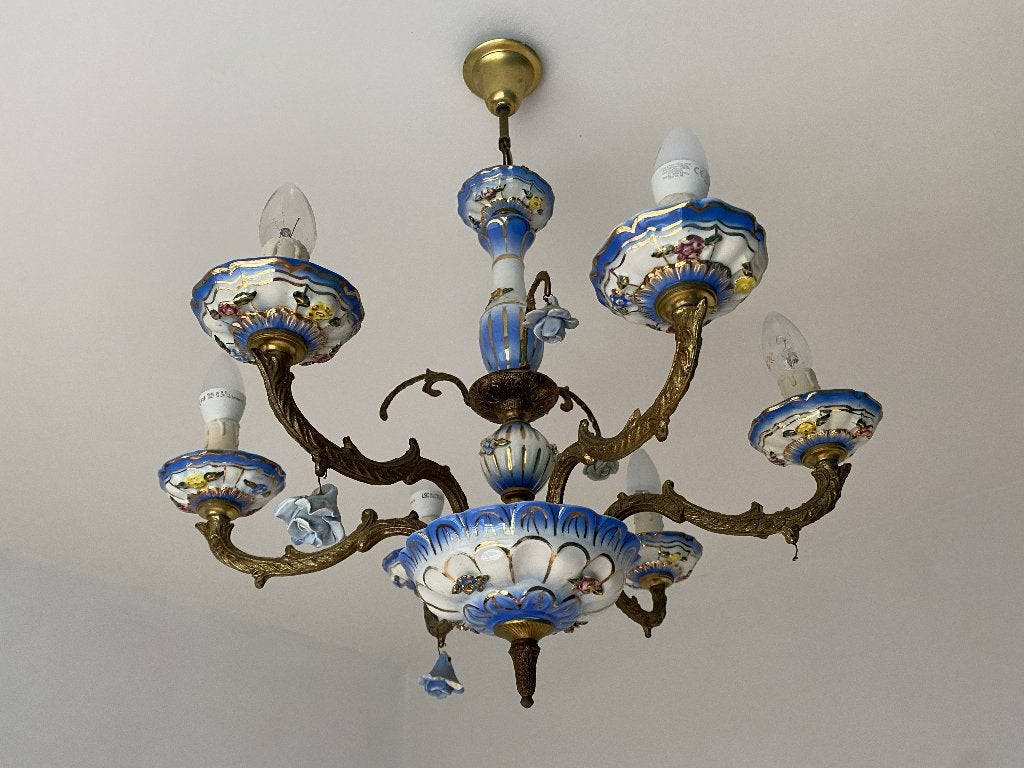 luchter blauwe kleur met rozetjes, Ophalen, Gebruikt, Keramiek, E14 (klein)