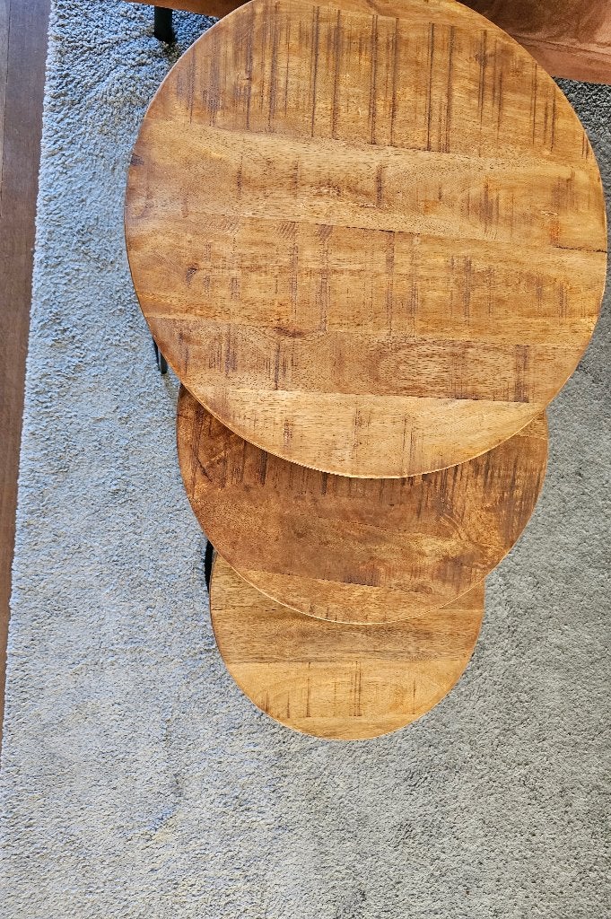 Tafeltjesset ruw mangohout H45, 39 & 32CM - DIAM 35, 45 & 55, Maison & Meubles, Tables | Tables d'appoint, Utilisé, Rond, Enlèvement