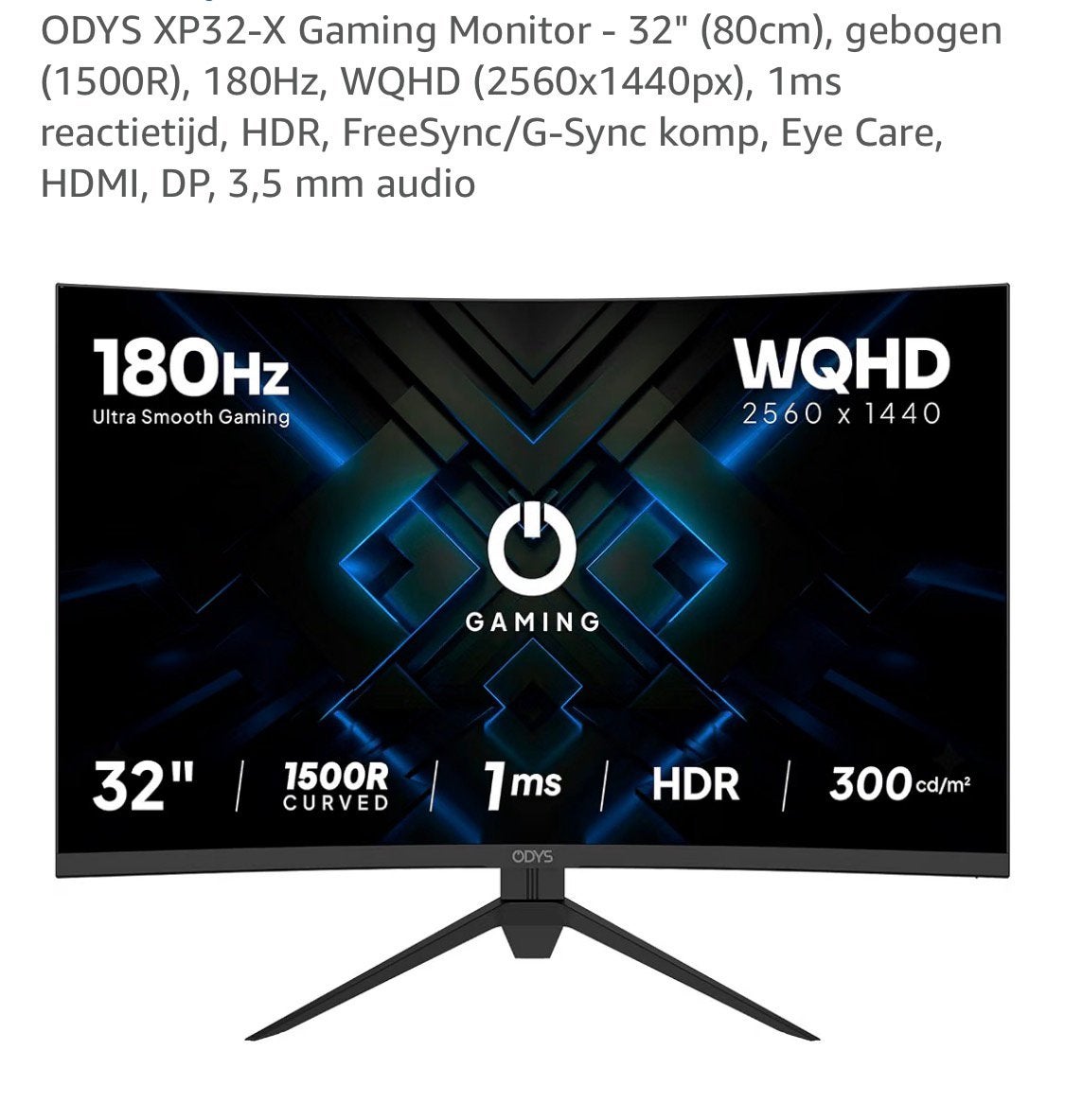 Moniteur de jeu ODYS XP32-X : 32 p (80 cm), incurvé, 180 Hz,, Connexion casque, HDMI, Odys, 1 à 2 ms