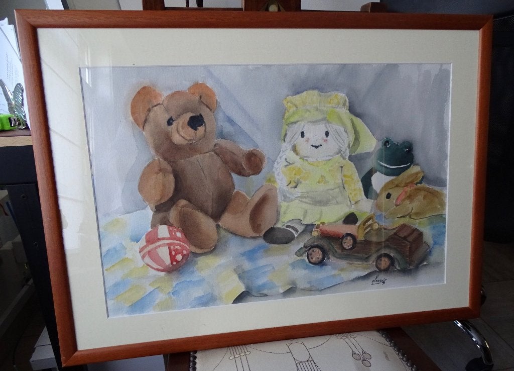 "Kinderspeelgoed" / aquarel / Lucie Cleyman, Ophalen of Verzenden, Origineel werk, Aquarel