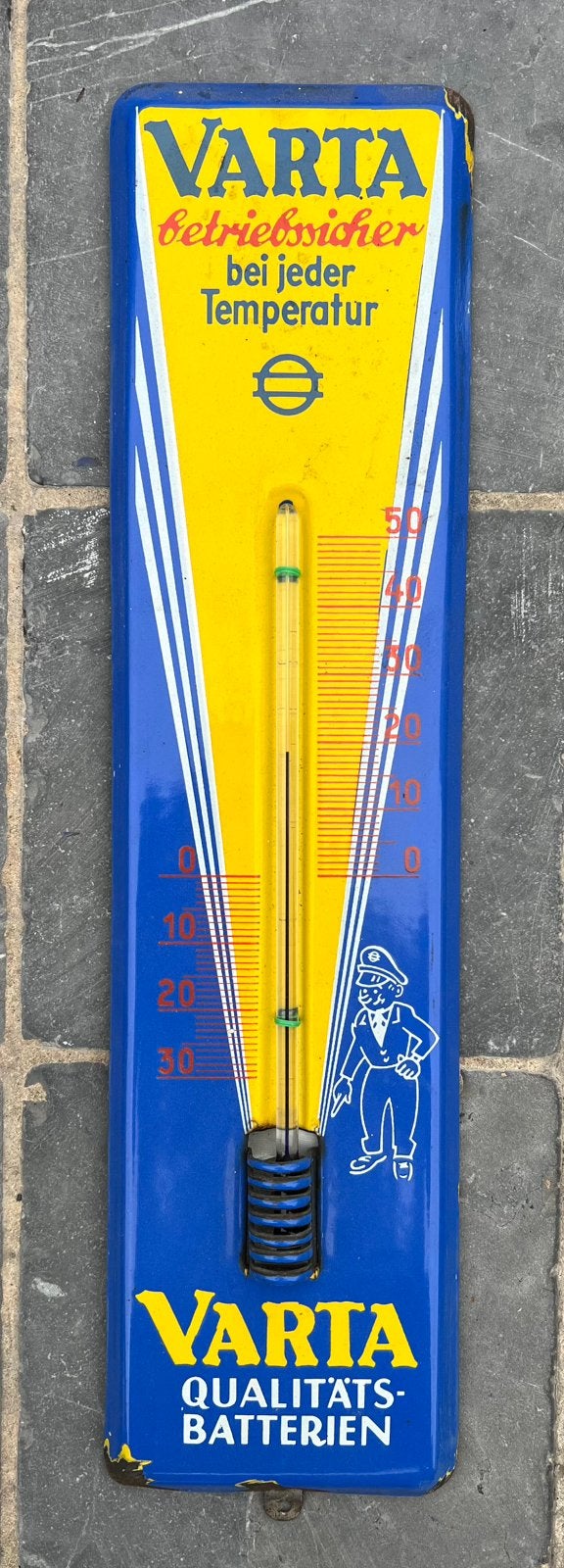 Emaille thermometer Varta, Verzamelen, Ophalen, Gebruikt, Reclamebord