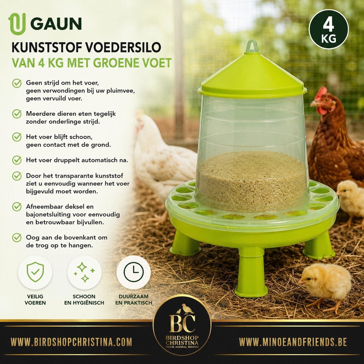 Silo d'alimentation en plastique GAUN 4 kg avec base verte, Animaux & Accessoires, Volatiles | Accessoires, Enlèvement
