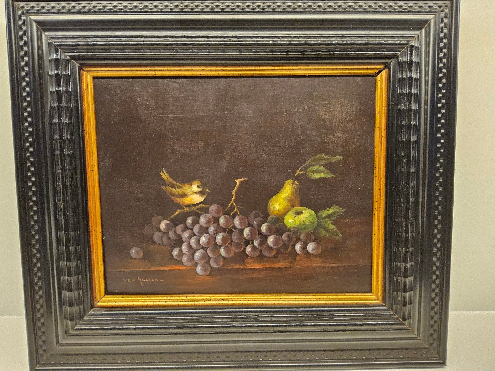 Klassiek fruitstilleven op paneel ( 36x32 cm inclusief kader, Antiquités & Art, Panneau, Signé, Enlèvement, Classique