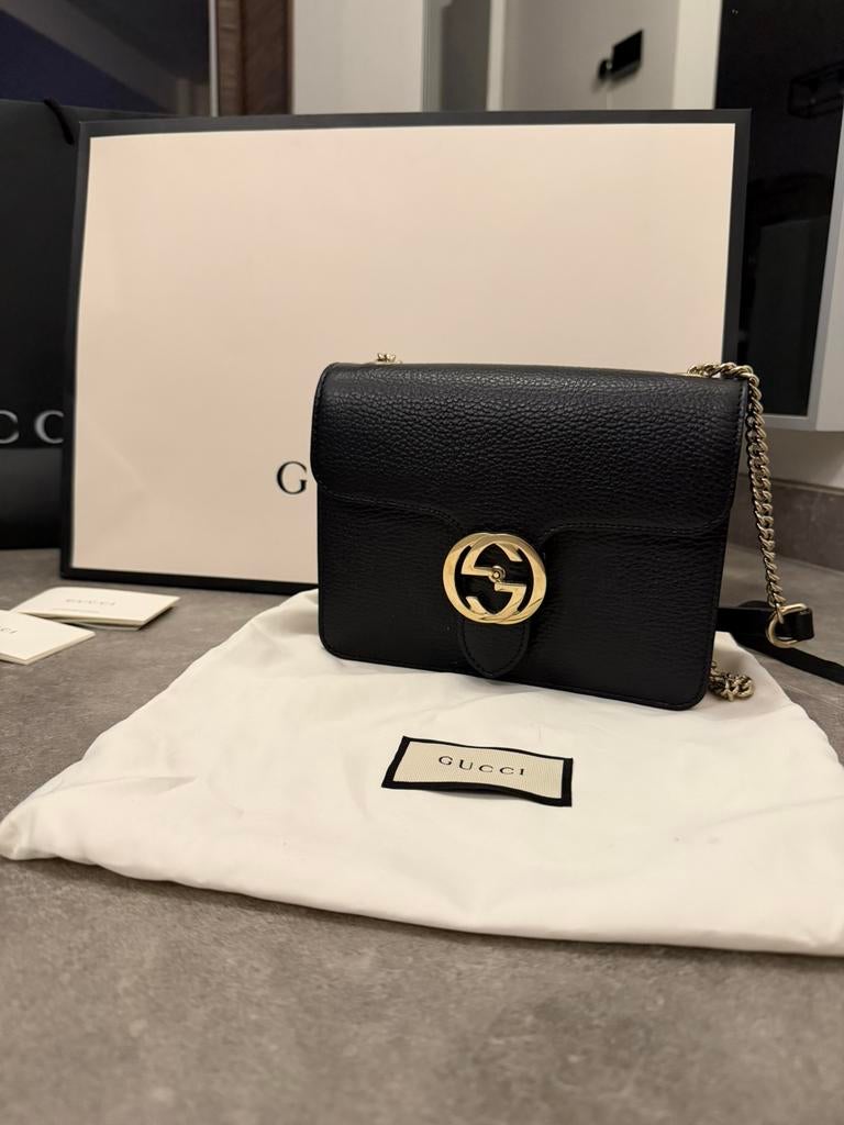 Gucci interlocking G chain schoudertas, Enlèvement, Neuf, Noir, Cuir