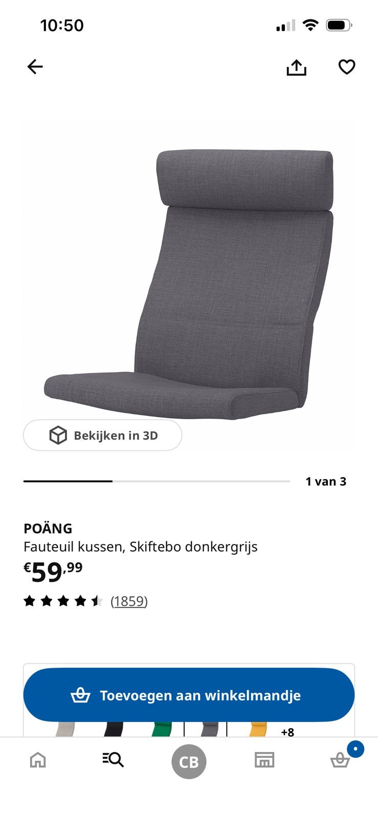 Poang 2 grijze kussens + 1 kussen voetbank, Ophalen, Zo goed als nieuw