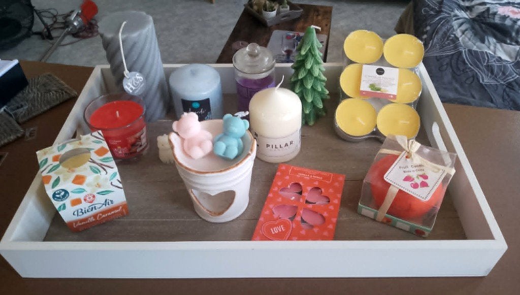 lot de bougies avec plateau en bois, Enlèvement, Comme neuf, Bois, Bougie