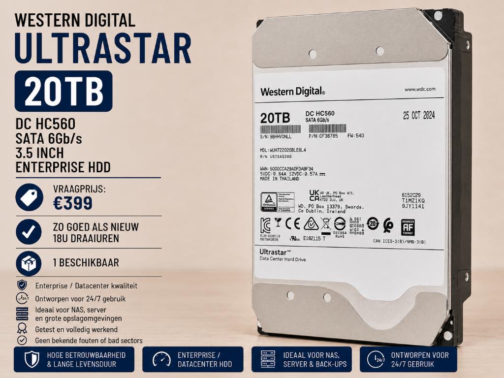 (NEW) 20TB - WD Ultrastar DC HC520 - SATA HDD - 20TB, Computers en Software, Harde schijven, Intern, Verzenden, Server, Nieuw