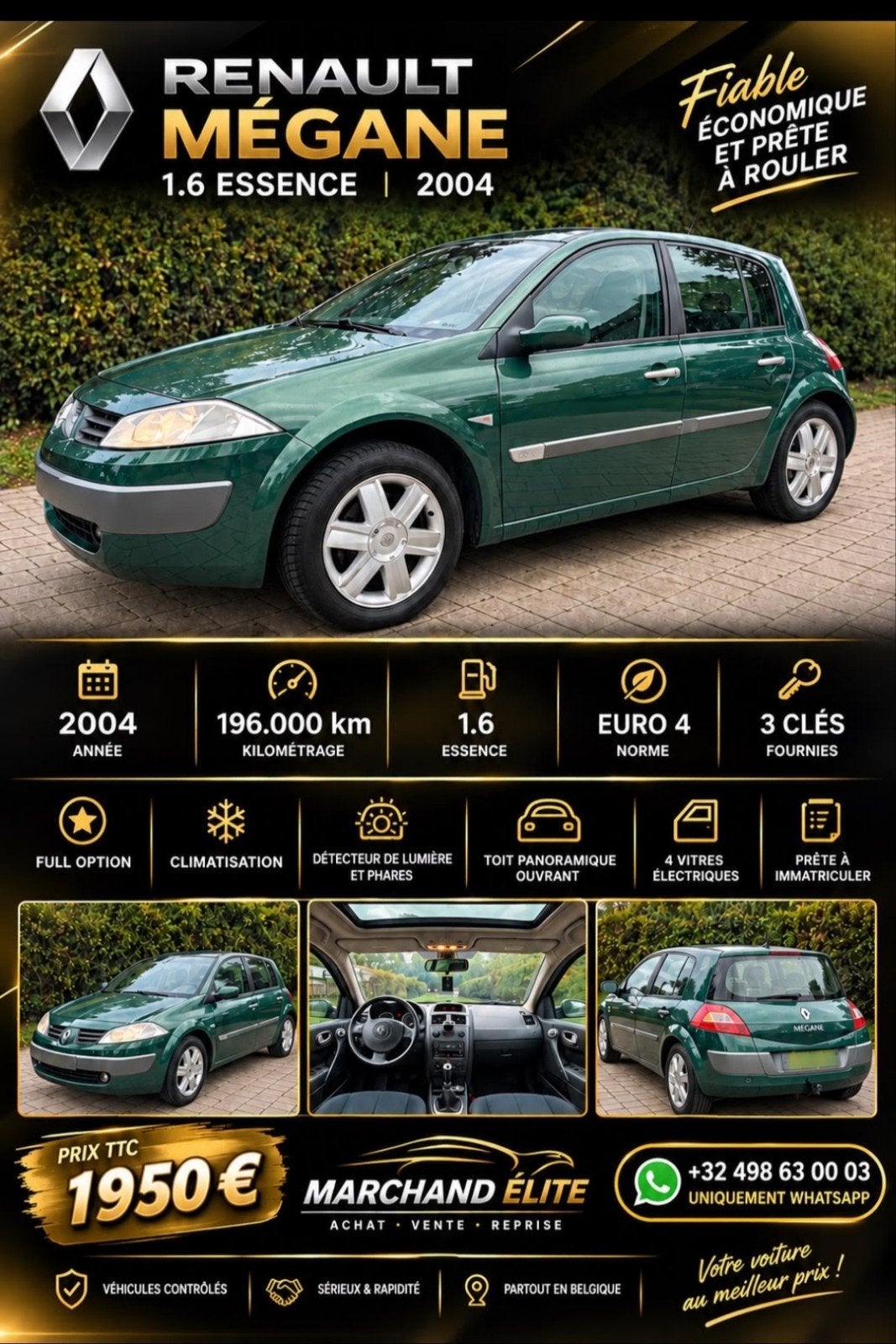 RENAULT MÉGANE 16 16V FUL AIRCO TOIT PANO PRÊT A IMMATRICULÉ, Achat, Noir, Particulier, Vert