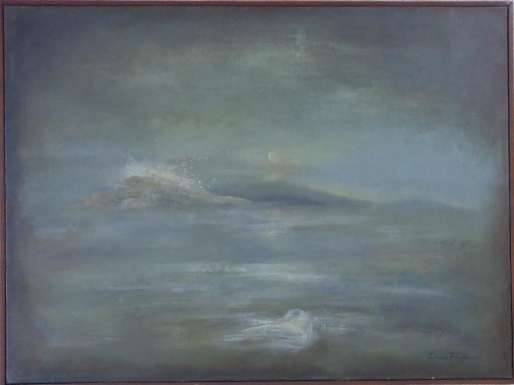 LINOU TRUFFINO / BERGEN IN DE MIST / OLIEVERF 62x82cm KADER, Enlèvement, Signé, Peinture à l'huile