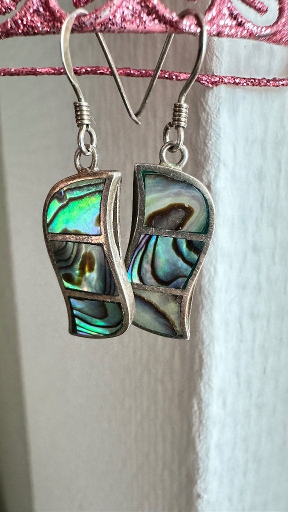 Boucles d'oreilles VINTAGE en argent 925 et nacre d'Abalone, Enlèvement ou Envoi, Comme neuf, Avec pierre précieuse, Argent