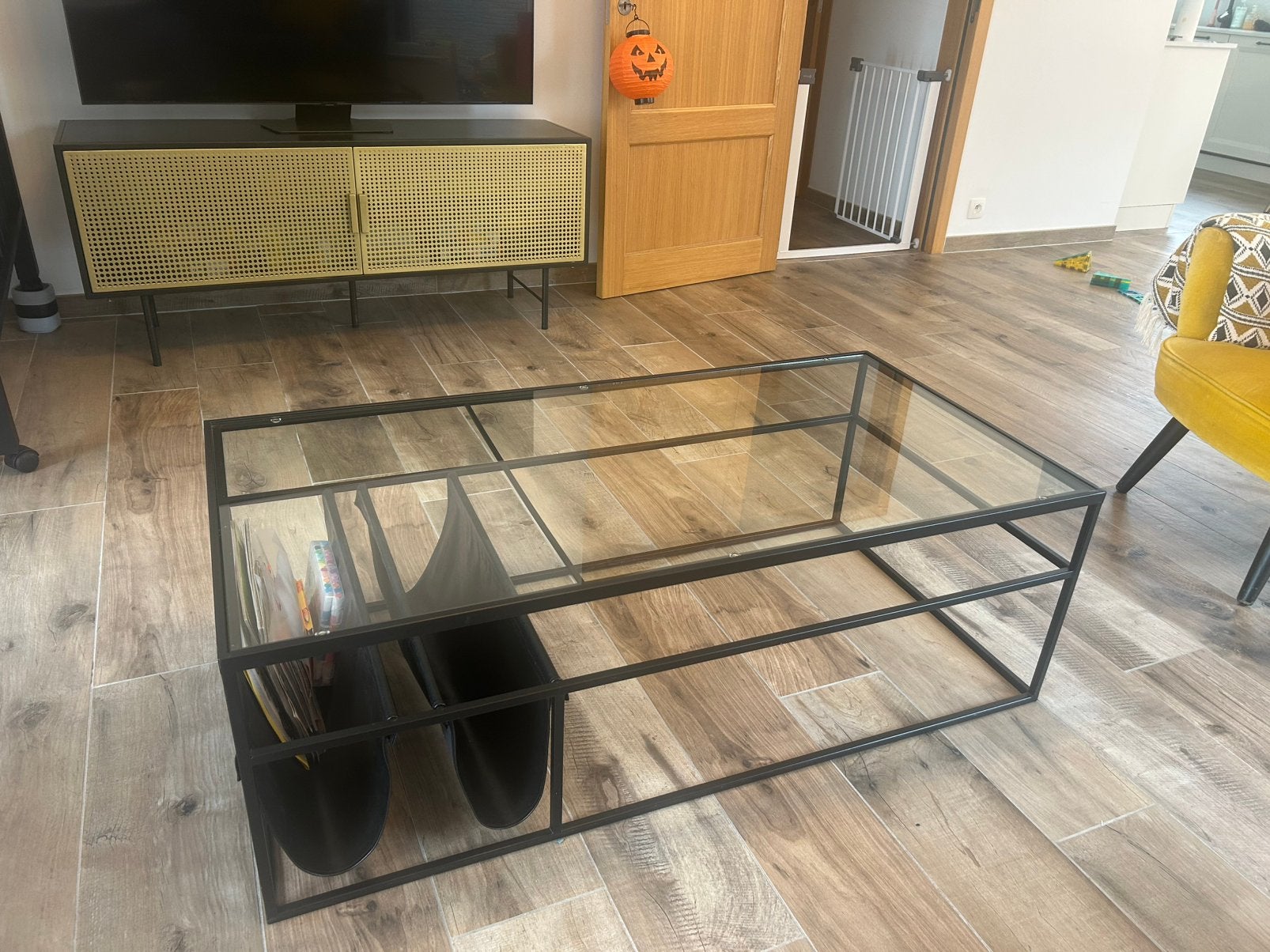Salontafel van glas en zwart metaal, Ophalen, Glas