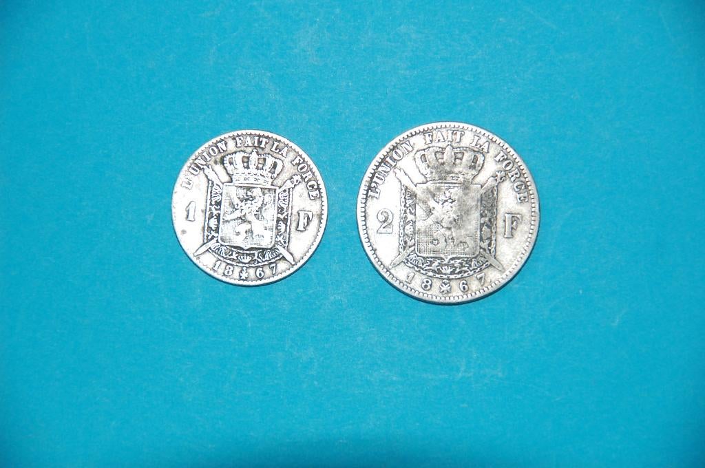 Leopold II : 1 en 2 Francs 1867, Postzegels en Munten, Zilver, Zilver, Verzenden, Setje