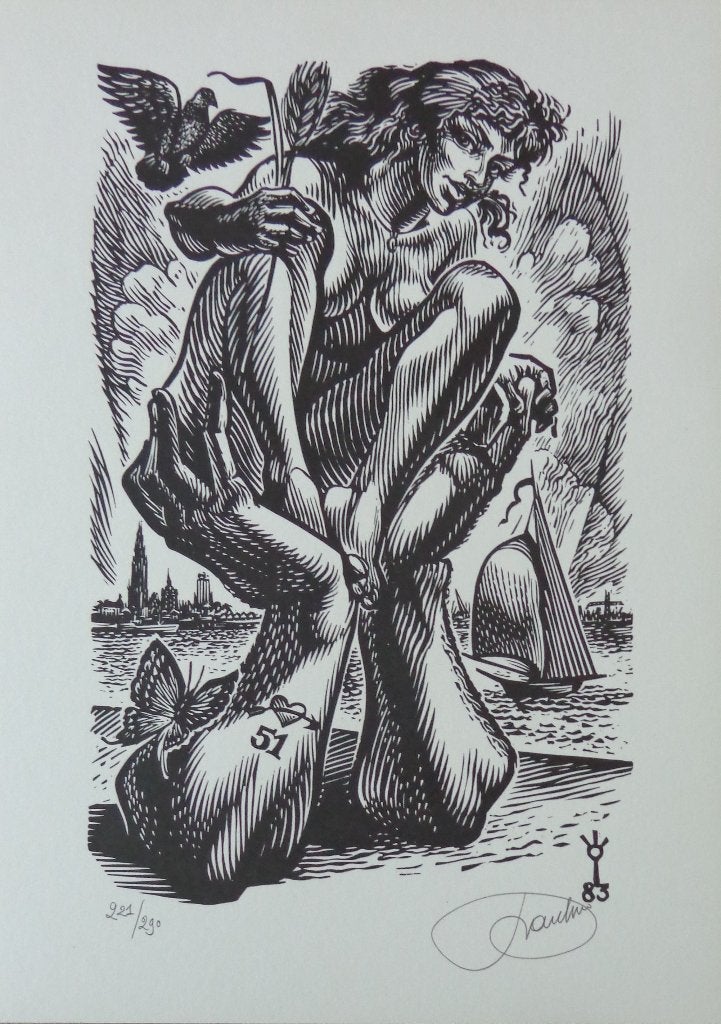 FRANK-IVO VAN DAMME / ALLEGORIE / ZW-W HOUTSNEDE / 36x26cm, Antiquités & Art, Art | Lithographies & Sérigraphies, Signé, Enlèvement ou Envoi