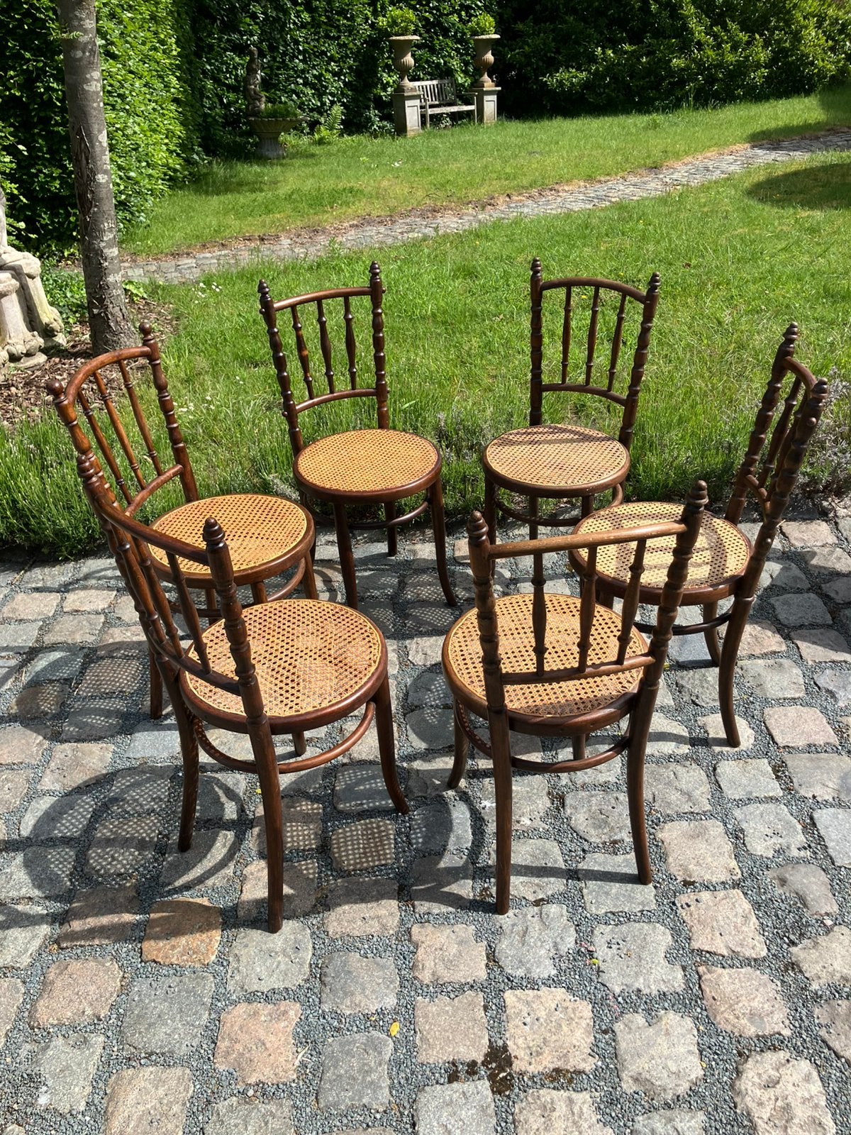 Originele Fischel webbing bistro stoelen, Ophalen, Gebruikt, Hout