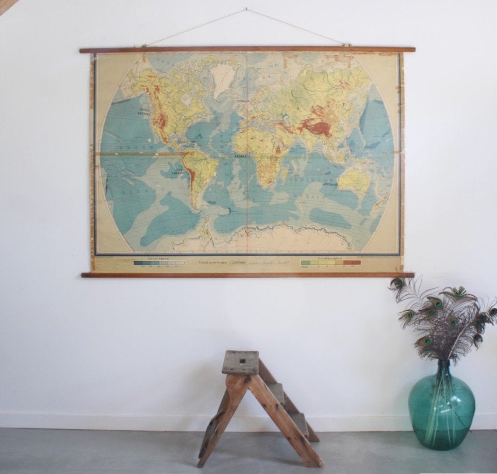 oude wereldkaart, schoolkaart, 1949, Antiek en Kunst, Antiek | Schoolplaten, Ophalen of Verzenden, Aardrijkskunde