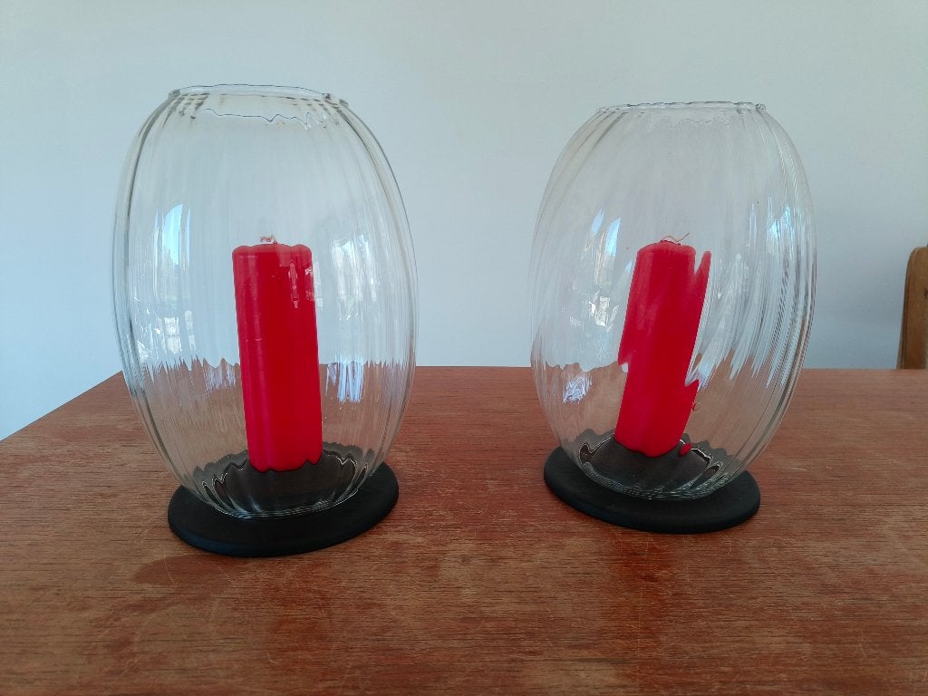 twee glazen windlichten, Ophalen, Windlicht, 29 cm, Glas