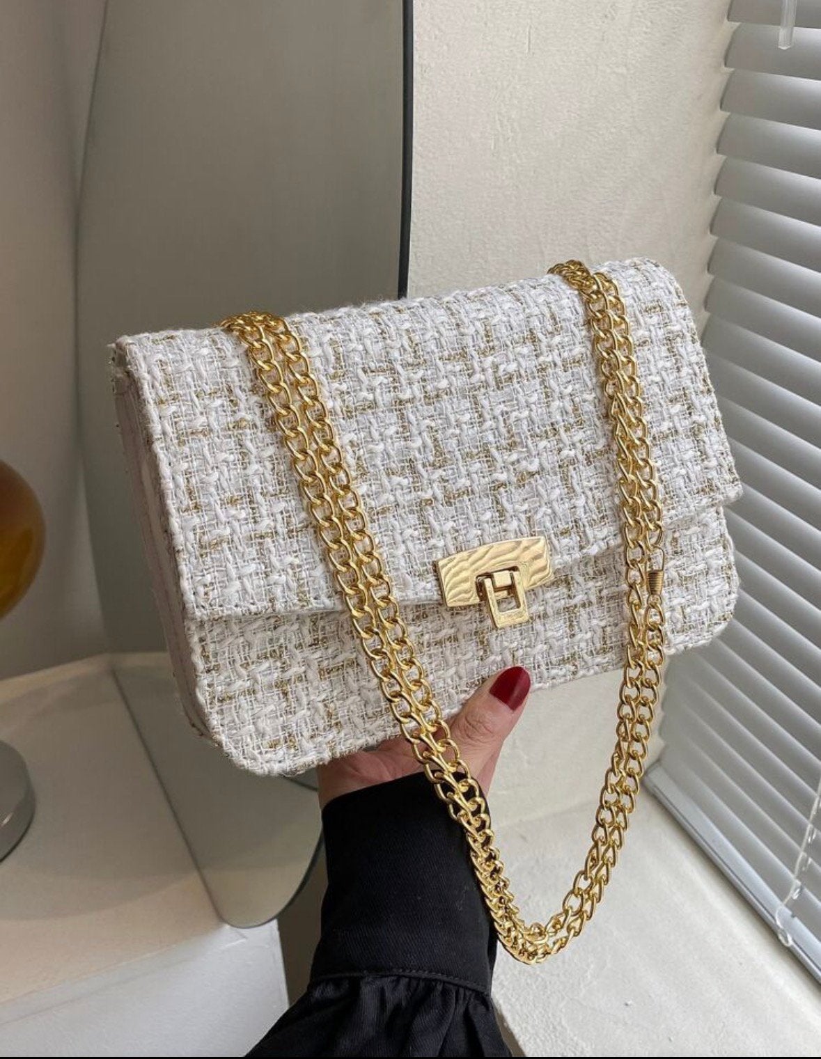 Zakje met tweed ketting in wit en goud, Verzenden, Nieuw, Wit, Schoudertasje