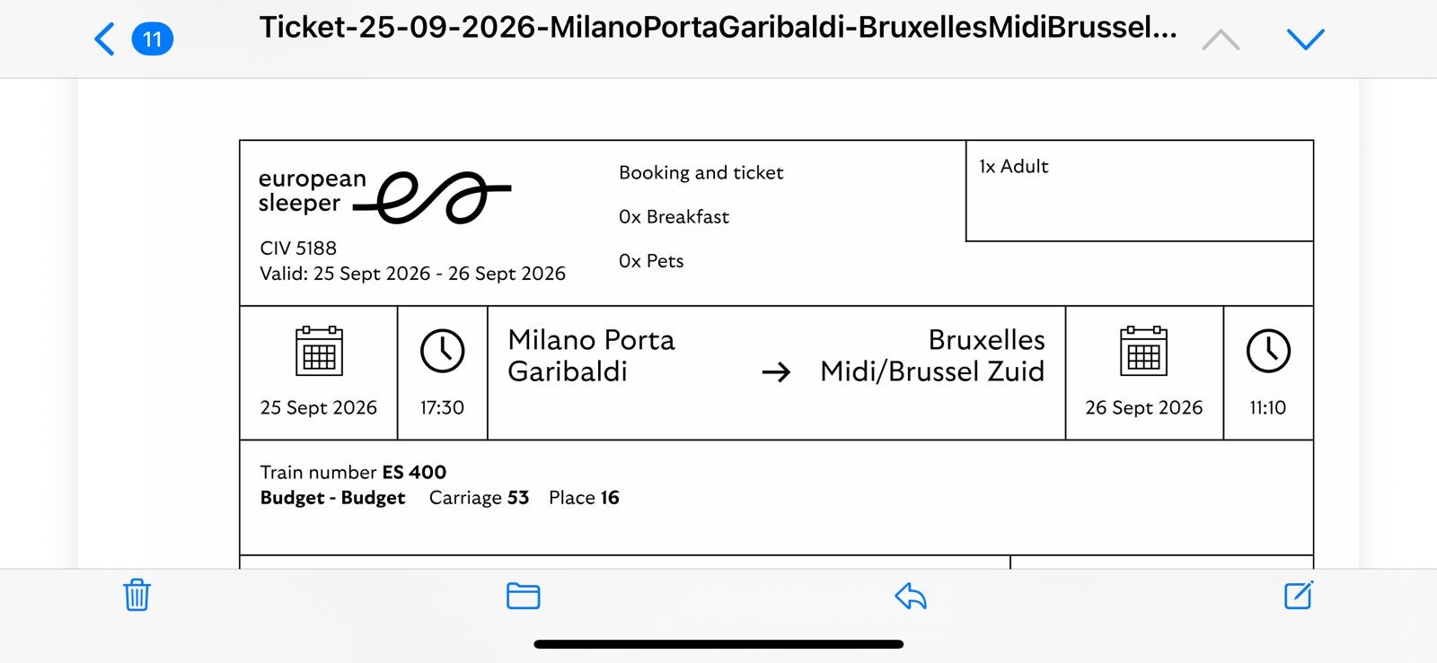 Billet de train de nuit Milan - Bruxelles, Tickets & Billets, Une personne