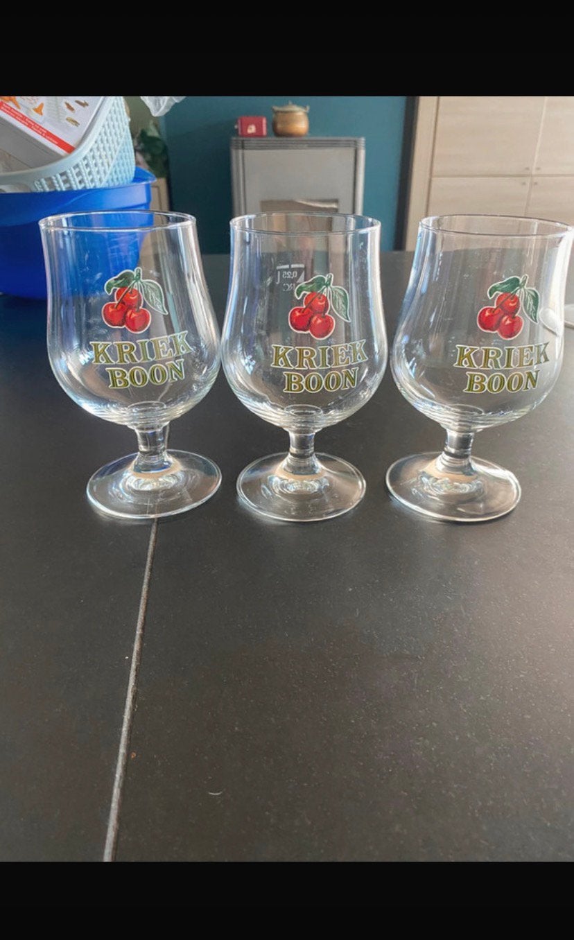 3 kriek boon glazen, Verzamelen, Ophalen, Zo goed als nieuw, Bierglas