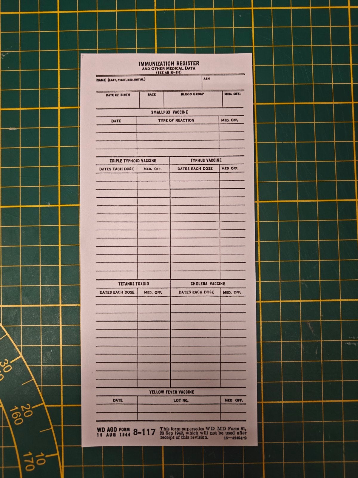 Repro US WW2 immunization record late war, Ophalen of Verzenden, Landmacht