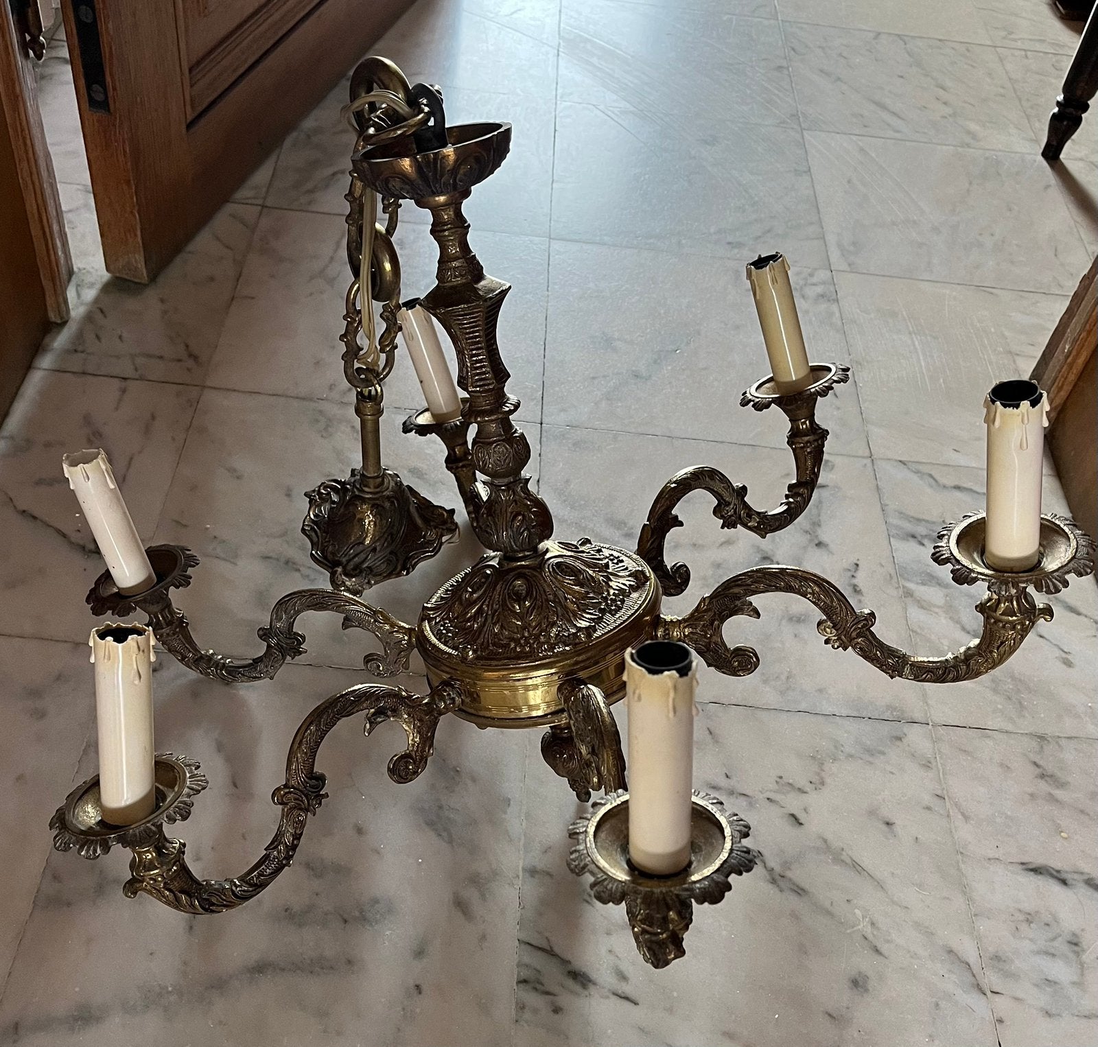 Lustre vintage en bronze/laiton 6 branches, Enlèvement, Utilisé