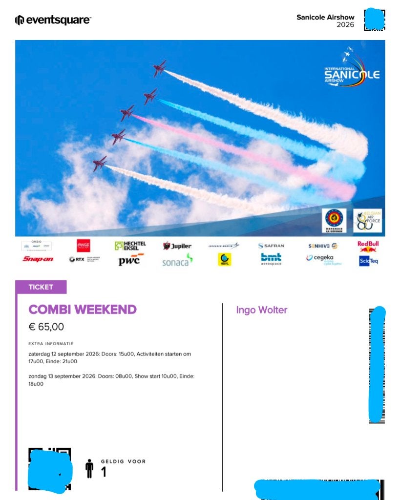 2 Tickets Sanicole Airshow Zondag 13 september, Twee personen