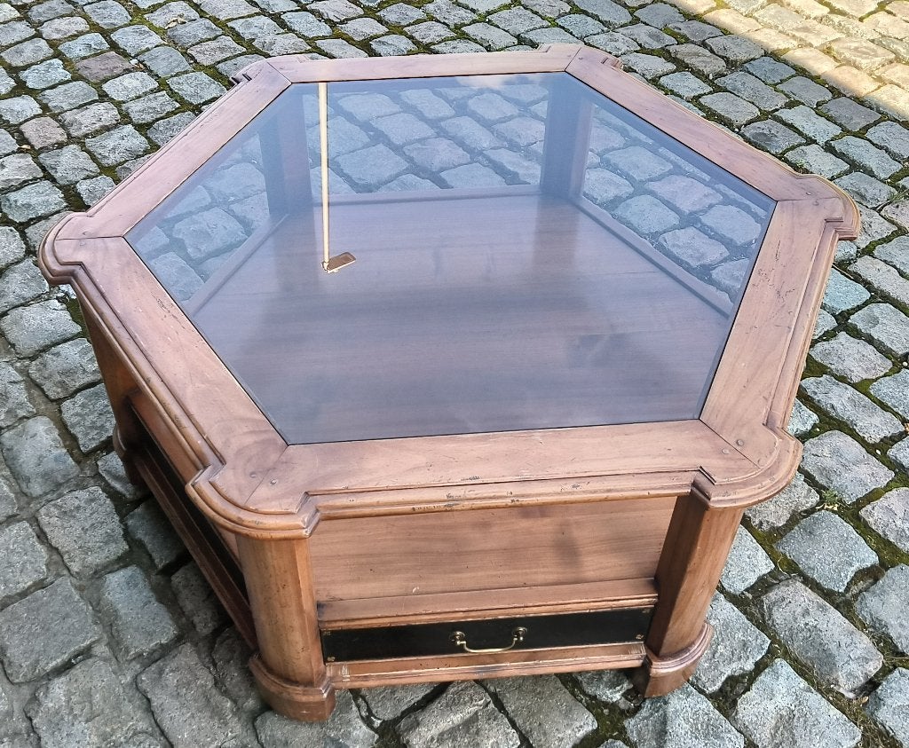 Table basse rustique, hexagonale avec verre, Maison & Meubles, Rustiek, Enlèvement, Utilisé, 5 – 50