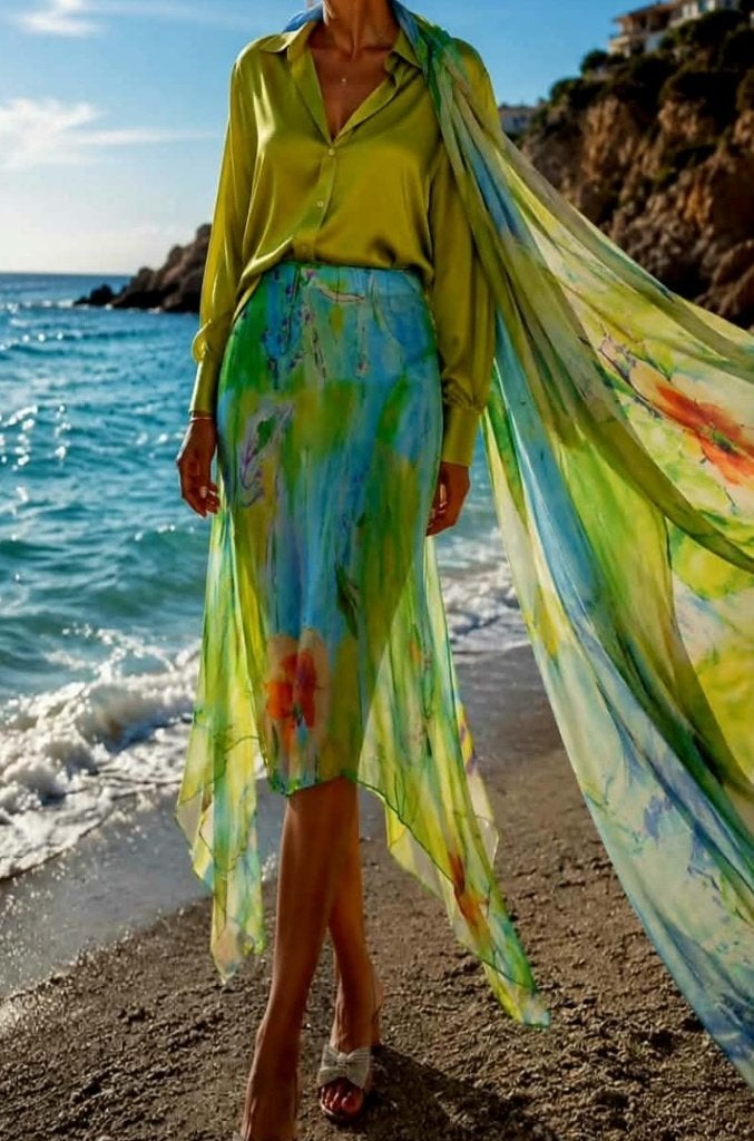 Rok blauw-groene asymmetrische printrok met sjaal, Kleding | Dames, Rokken, Maat 38/40 (M), Meerkleurig, Nieuw, Ophalen of Verzenden