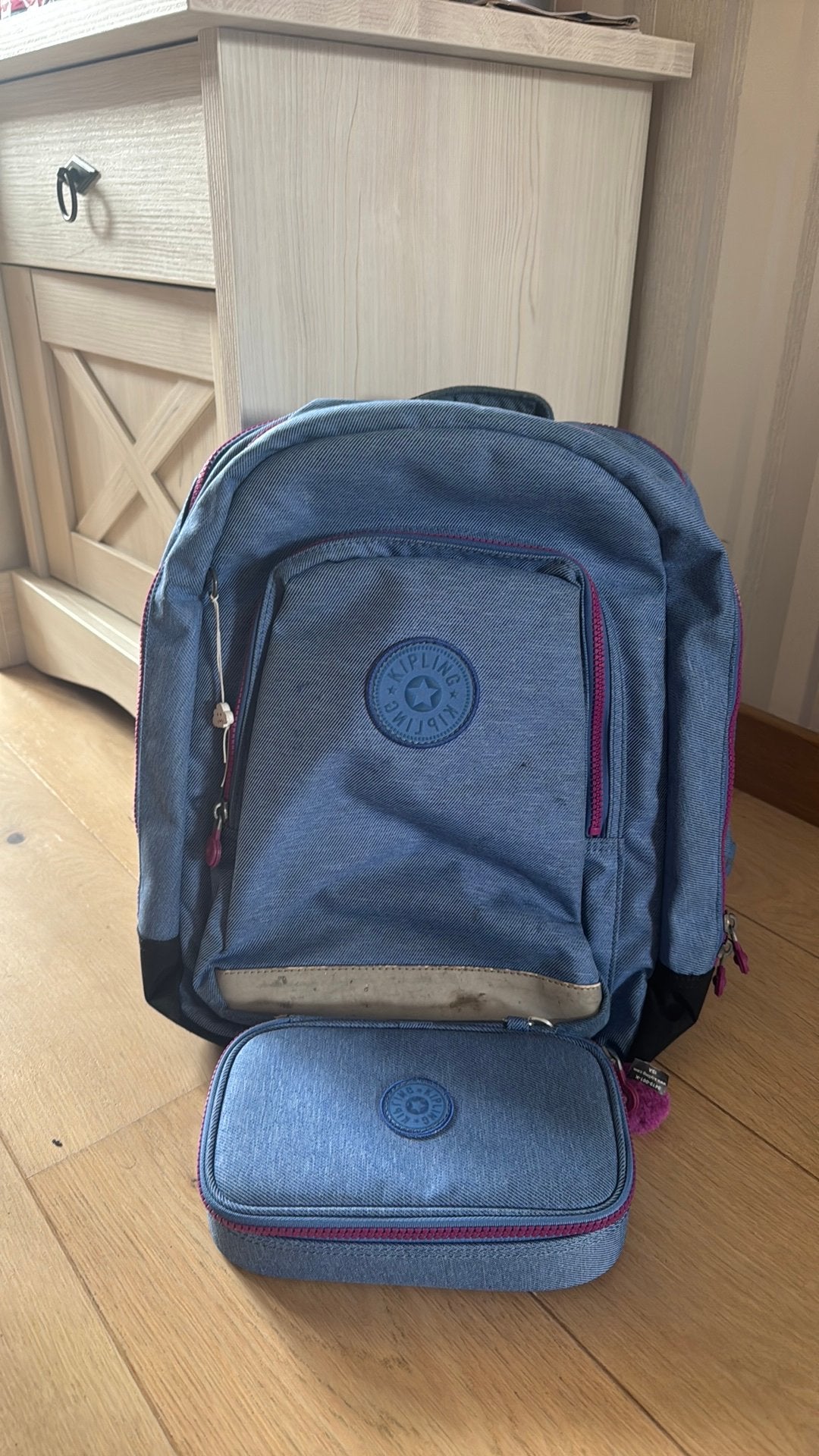 Boekentas kipling met pennezak, Ophalen, 40 tot 50 cm, Zo goed als nieuw, Blauw