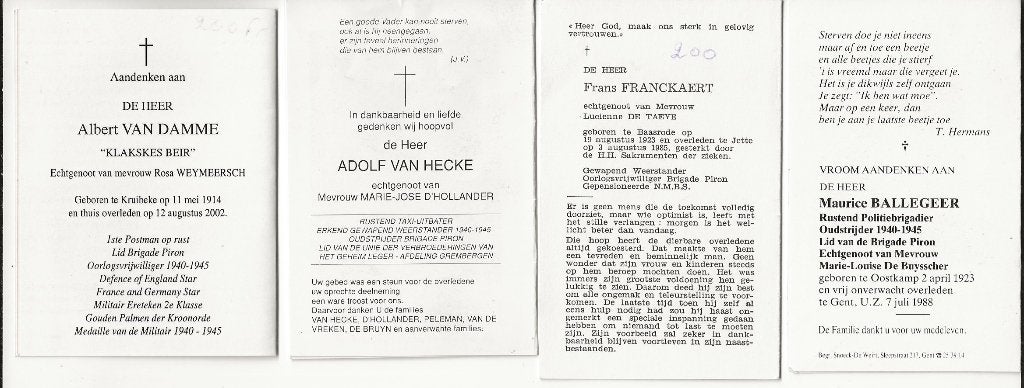 wo2 brigade piron doodsprentjes 4x oud lid piron, Ophalen of Verzenden, Landmacht, Foto of Poster