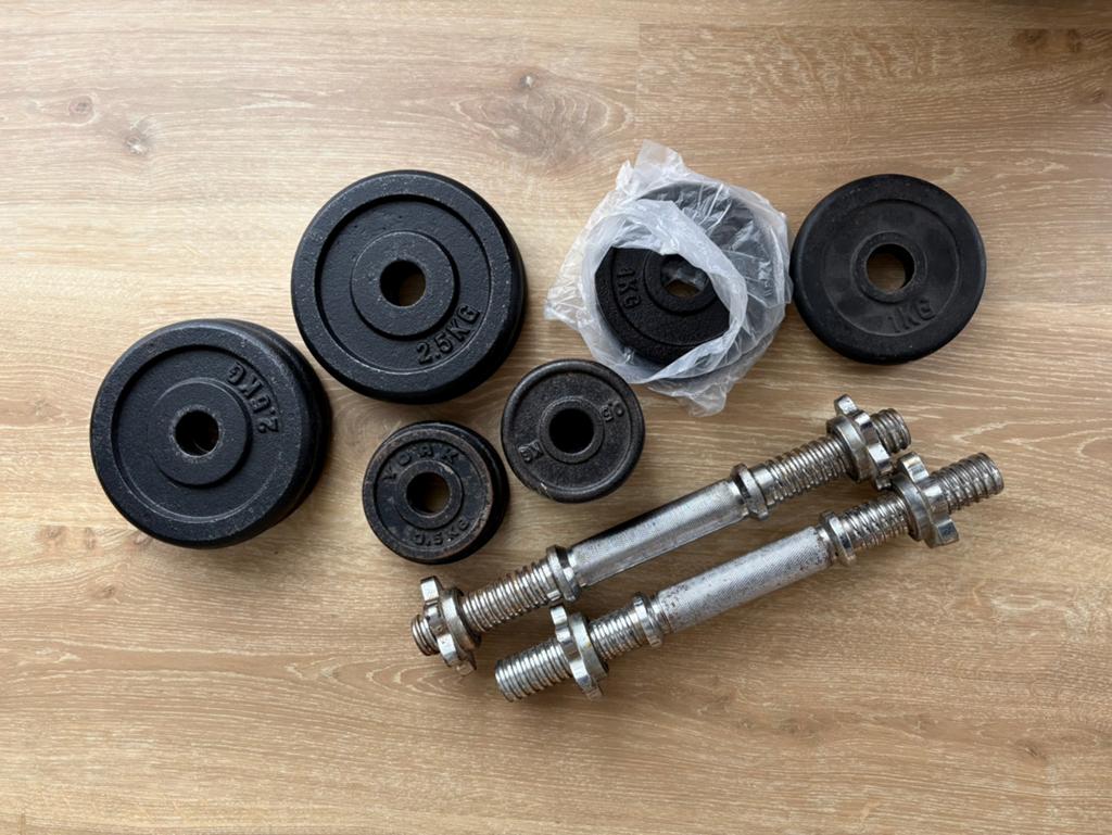 Pair of dumbbell halter set + iron weight plates available, Ophalen, Zo goed als nieuw, Dumbbell