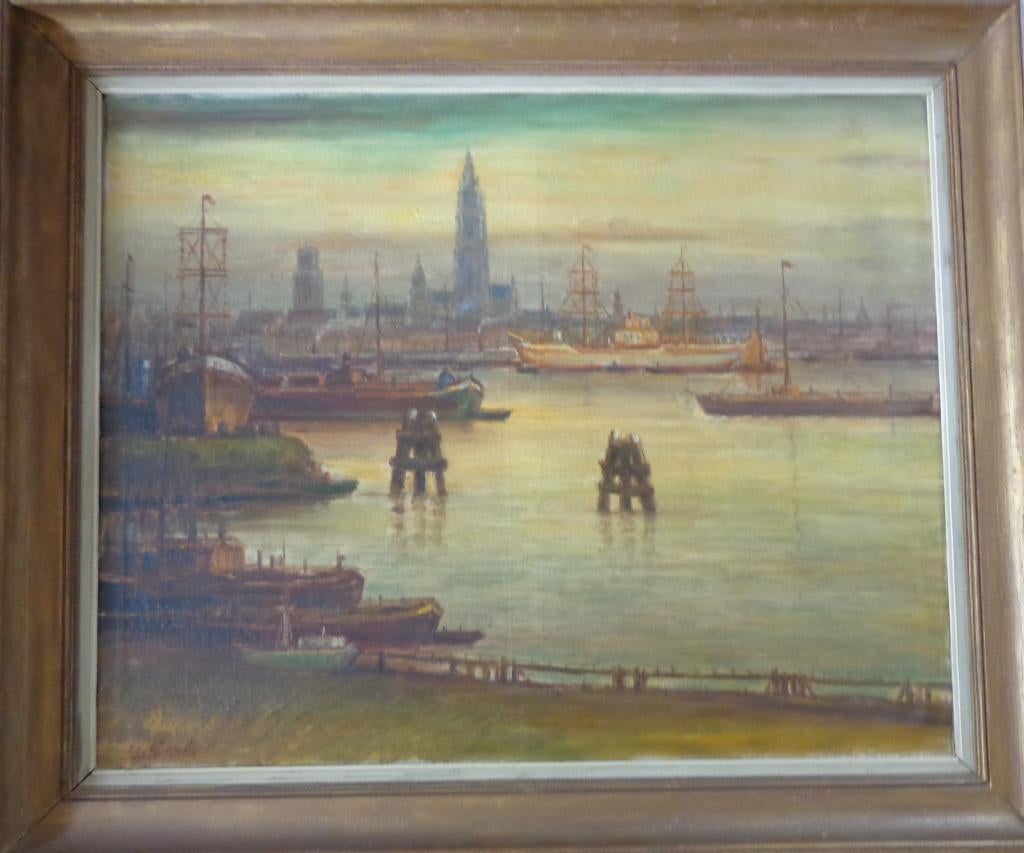 URBAIN GERLO / ZICHT OP ANTWERPEN / OLIEVERF DOEK 123x148cm, Antiek en Kunst, Ophalen