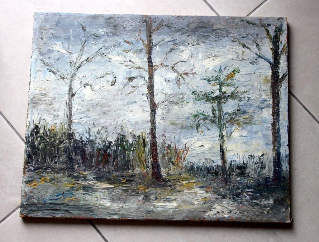 schilderij olieverf abstract herfst winter landschap, Ophalen of Verzenden