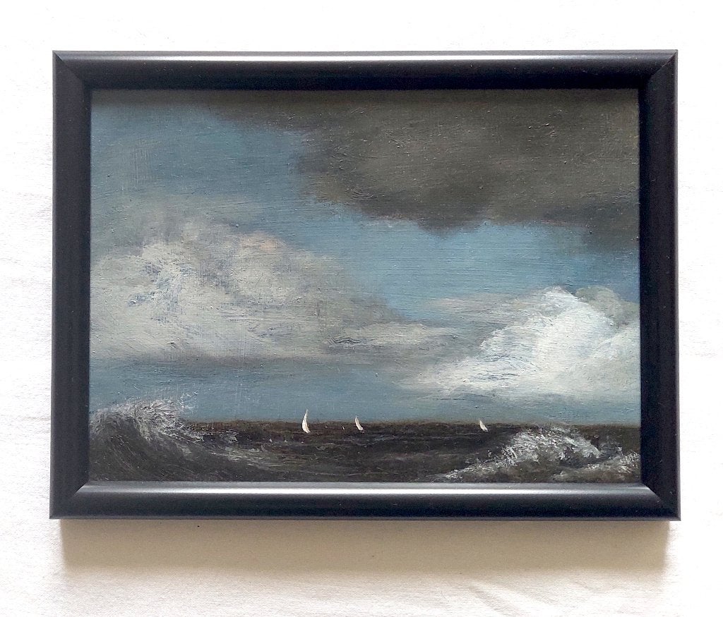 Paysage avec ciel nuageux et voiliers #2 -Peinture à l'huile, Enlèvement ou Envoi, Peinture à l'huile, Panneau, Paysage