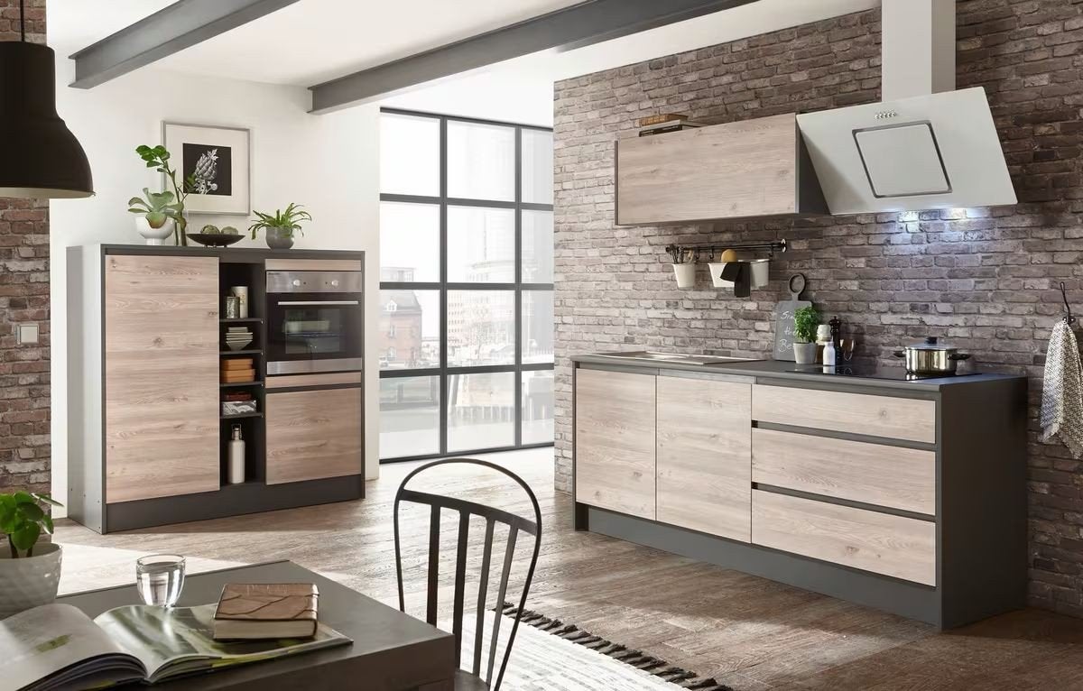 Nouvelle cuisine moderne, Neuf, Sans poignée, Gris, Bois