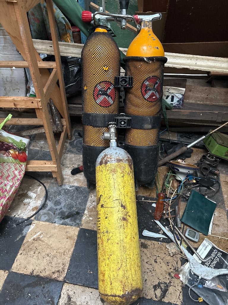 Vintage duikflessen (Dubbelset + losse fles), Ophalen, Gebruikt, Duikfles