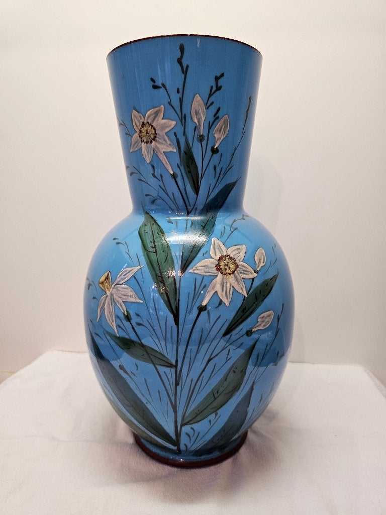 Opaline vaas blauw met Narcissen, Antiek en Kunst, Ophalen of Verzenden