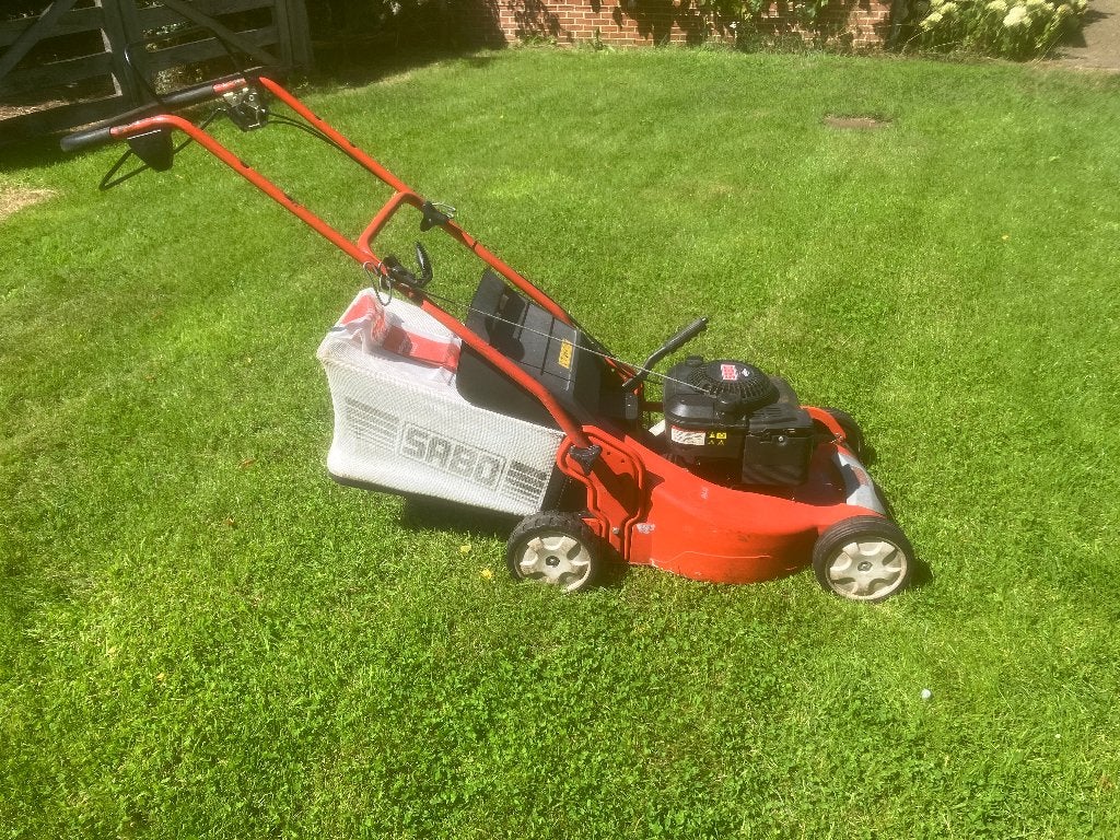 Grasmaaier sabo, Cirkelmaaier, Gebruikt, Opvangbak, Benzine-grasmaaier