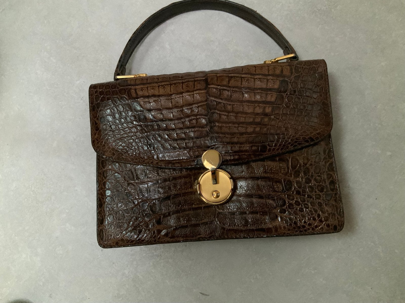 Bruin croco handtas 1970, Ophalen of Verzenden, Zo goed als nieuw, Bruin, Handtas